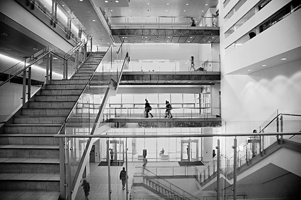 black and white photo of the TEL building atrium